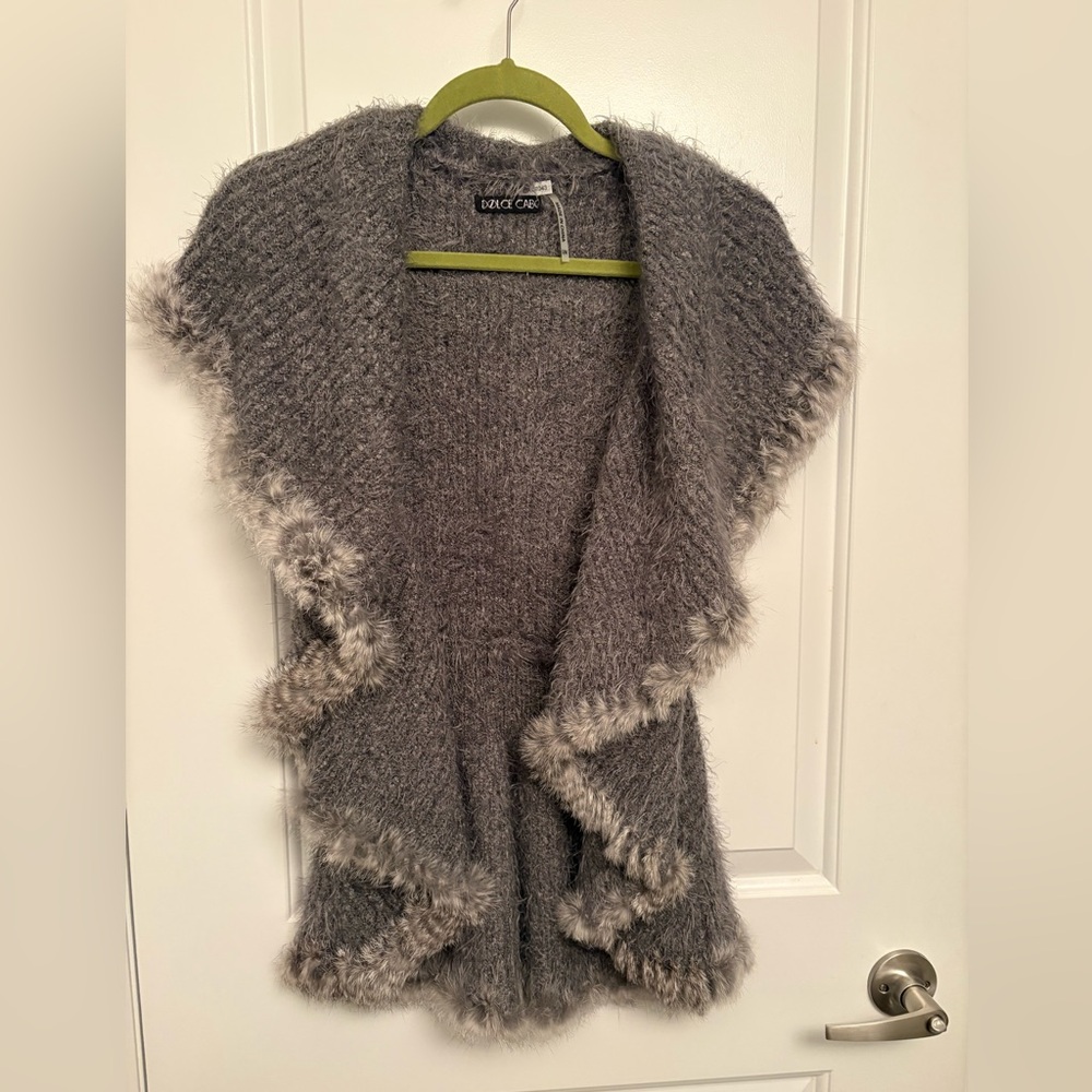 Fur-Trimmed Grey Women's Sweater Vest